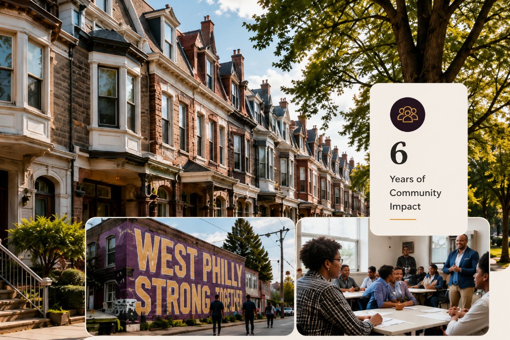 West Philadelphia rowhomes, community mural, and neighborhood meeting